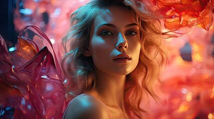 High Fashion model girl in colorful bright neon lights posing in studio through transparent film. Portrait of beautiful woman in UV. Art design colorful make up. Model illustration. Generative AI