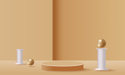 Abstract modern horizontal background with 3d podium, antique columns and decoration in the form of a golden ball. Minimalistic style..