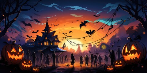 Fototapeta na wymiar halloween concept. scary pumpkin and house. with fantastic background. generative ai