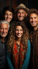 Fototapeta premium Many happy diverse ethnicity different young and old people group headshots in collage mosaic collection. Lot of smiling multicultural faces looking at camera. Generative AI art