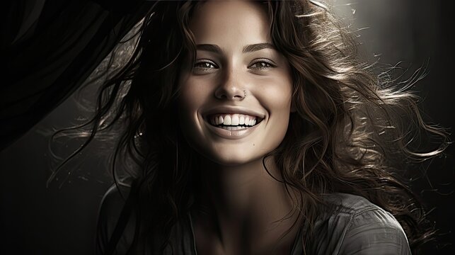 Black and white portrait of young happy woman and adult with a big smile on her face, beautiful contrast, concept black and white. Smile emotion illustration. Generative AI