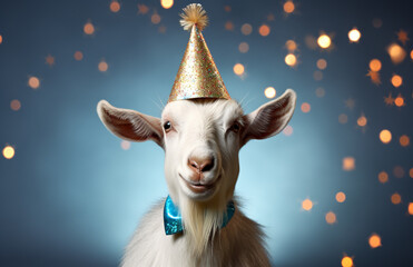 Cute little goat with birthday hat on color background, closeup. Portrait of funny goat with party hat on bokeh background