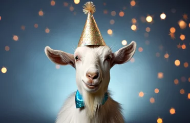 Fotobehang Cute little goat with birthday hat on color background, closeup. Portrait of funny goat with party hat on bokeh background © Nadezhda