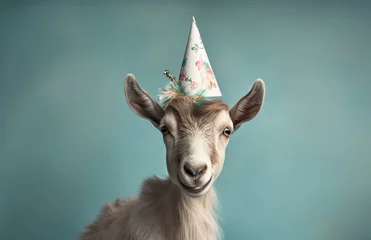 Deurstickers Cute little goat with birthday hat on color background, closeup. Portrait of funny goat with party hat on bokeh background © Nadezhda