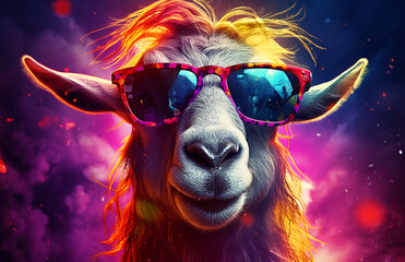 Fashion portrait of a llama wearing sunglasses and colorful hair. Colorful background.