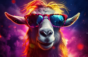 Zelfklevend Fotobehang Lama Fashion portrait of a llama wearing sunglasses and colorful hair. Colorful background.