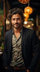 Portrait of a cheerful man using smart phone at home office. Man portrait illustration. Generative AI