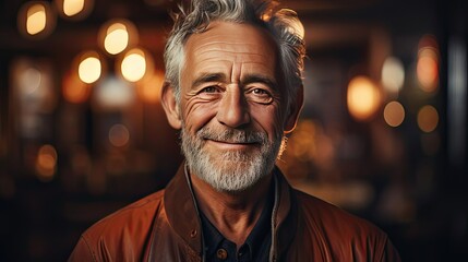 Fototapeta premium Portrait of happy senior man smiling at home. Old man relaxing on sofa and looking at camera. Portrait of elderly man enjoying retirement. Smile emotion illustration. Generative AI