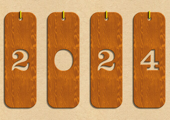 2024 en chiffres évidés sur plaques de bois fixées par des crochets - obrazy, fototapety, plakaty