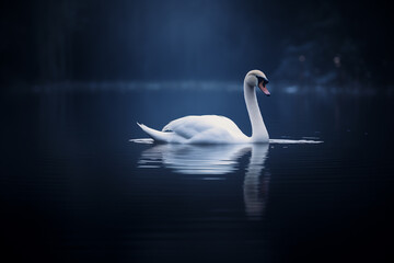 A white swan is swimming in a very dark lake