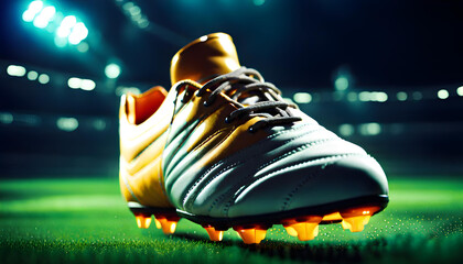Spikes placed on the grass of a soccer stadium - obrazy, fototapety, plakaty