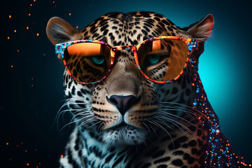 a fierce leopard wearing glasses - obrazy, fototapety, plakaty