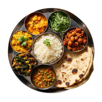 Top View of a Plate with a Traditional Indian Thali Meal Isolated on Transparent or White Background, PNG