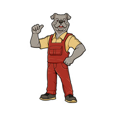Confident Bulldog Mechanic Cartoon Character in Red Jumpsuit