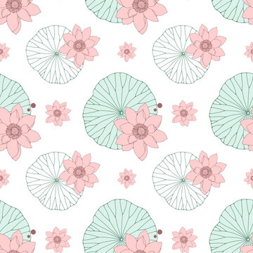 Delicate vector seamless pattern with green water lily leaves and pink flowers. Pattern for textiles, wrapping paper, wallpaper, covers, backgrounds.