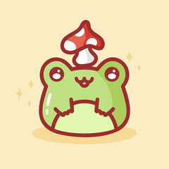 Cartoon Vector of Green cute baby frog isolated on white background. Cute Frog with Mushroom. Plump Frog with Fly Agaric. Sticker, Mascot