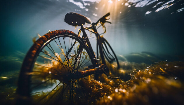Underwater photography of a sunken mountain bicycle slowly becoming one with the sea. The coral-encrusted relic rests on the sandy bottom, creating a surreal and captivating image