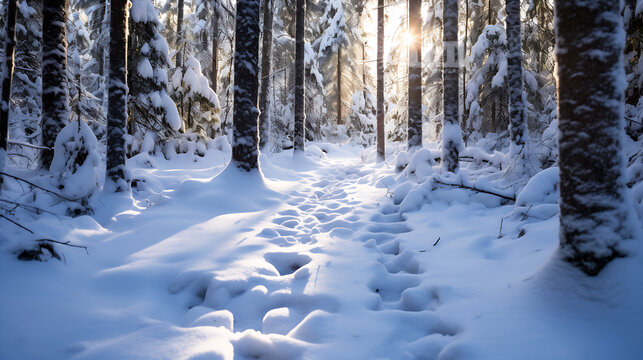 Snowy forest with animal tracks