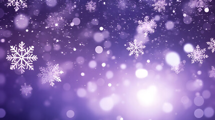 Abstract snowflake and purple bokeh particles floating illustration purple background. white particles on purple  background with cinematic atmosphere. 