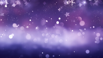 Abstract snowflake and purple bokeh particles floating illustration purple background. white particles on purple background with cinematic atmosphere. 