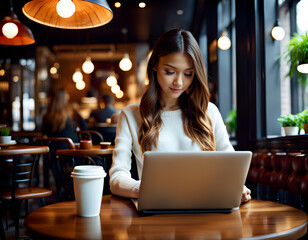 A beautiful girl using a computer in a cafe,