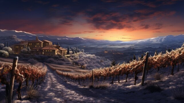 A painting of a vineyard with a sunset in the background