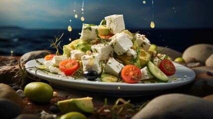 A plate of salad with tomatoes, cucumbers, and olives