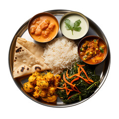 Top View of Indian Thali Meal Isolated on Transparent or White Background, PNG - obrazy, fototapety, plakaty