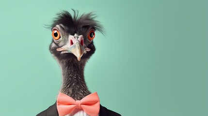emu bird in party attire: colorful cone hat, necklace, and bowtie on pastel background with copy...