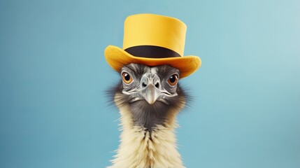 emu bird in party attire: colorful cone hat, necklace, and bowtie on pastel background with copy space - creative animal concept for birthday party invite