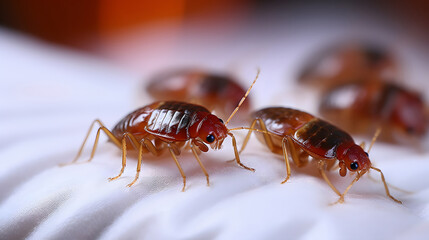 bed bugs stuck to white bed sheets, red insect close up