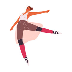 Professional ballerina dances with classic music. Ballet dancer in tutu training on rehearsal. Young woman in pointe shoes perform in theater. Flat isolated vector illustration on white background