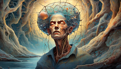 Concept of mental health dementia and Alzheimer's disease. Illustration of an elderly male portrait depicting the complexity of brain and mental processes. - obrazy, fototapety, plakaty