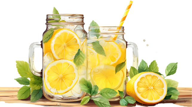 Mason Jar with Lemonade Isolated on Transparent or White Background, PNG