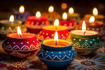 Obraz na płótnie Canvas set of lamps, Colorful clay diya lamps lit during diwali celebration