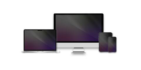 Dark set of mockups of realistic devices: isolated smartphone, laptop, tablet, monitor on white background. Edited warm screen of the device. 