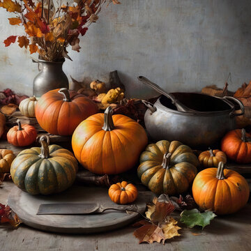 Still life image of autumn pumpkins with vintage kitchen utensils on a weathered wooden table.
