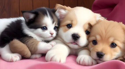 A cute little kitten and two puppies