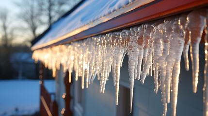 icicles on a roof, Icicles on house roof in cold winter - obrazy, fototapety, plakaty