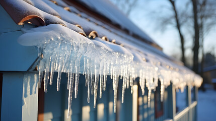 icicles on a roof, Icicles on house roof in cold winter - obrazy, fototapety, plakaty