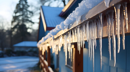 icicles on a roof, Icicles on house roof in cold winter - obrazy, fototapety, plakaty