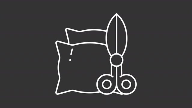 2D white simple thin line animation of pillow and scissors icon, HD video with transparent background, seamless loop 4K video representing clothing alteration.