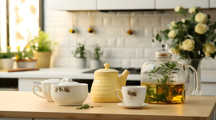 Fototapeta na wymiar Interior of light kitchen with teapot, cup and snacks on table, minimalist style