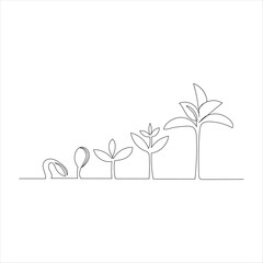 Continuous tree plant growing and seed maturation single line art vector outline illustration