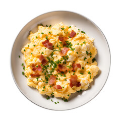 Top-View Breakfast: Scrambled Eggs and Bacon on White Plate Isolated on Transparent or White Background, PNG