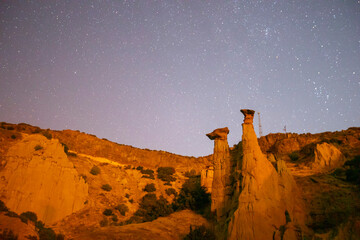 Night astronomical star and milky way photos in Kula fairy chimneys. Kula and its surroundings have a volcanic geological structure.