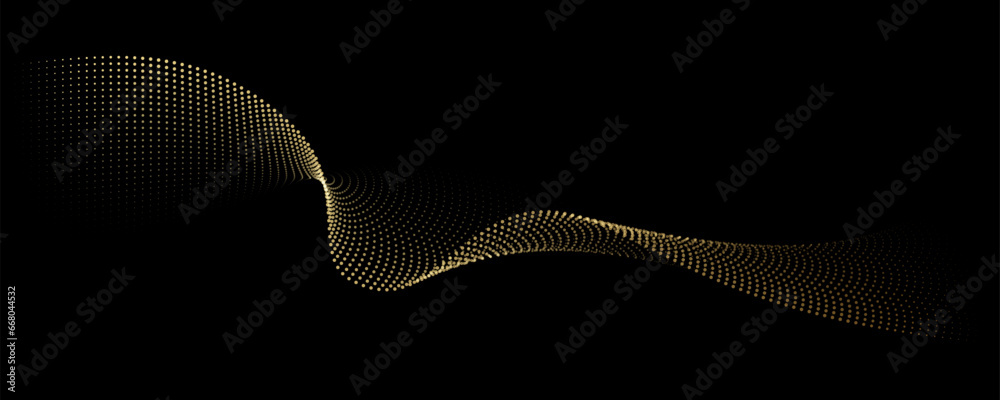 Poster Flowing dot particles light wave pattern halftone gold gradient smooth curve shape isolated on black background. Vector in concept of luxury, technology, science, music, modern.