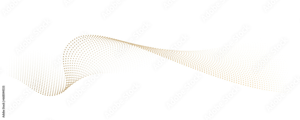 Poster Flowing dot particles wave pattern halftone gold gradient smooth curve shape isolated on transparent background. Vector in concept of luxury, technology, science, music, modern.