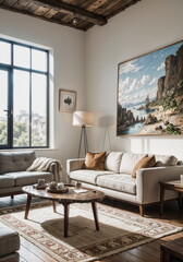 Fototapeta premium Tranquil Living Space: White Sofa, Coastal Art, and Elegant Decor