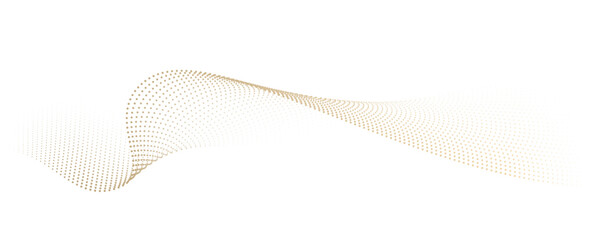 Flowing dot particles wave pattern halftone gold gradient smooth curve shape isolated on transparent background. Vector in concept of luxury, technology, science, music, modern.